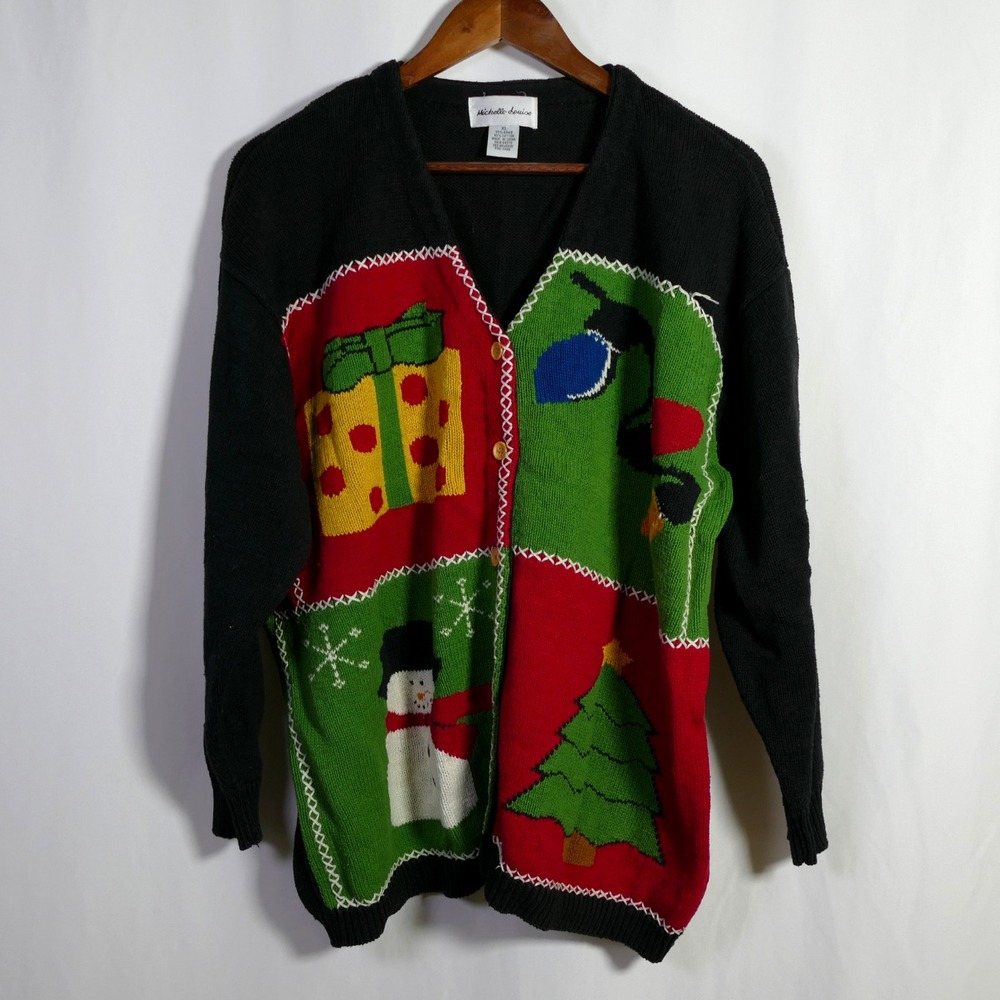 VTG Michelle Louise Ugly Christmas Cardigan Sweater Size XL Snowman Tree Present
